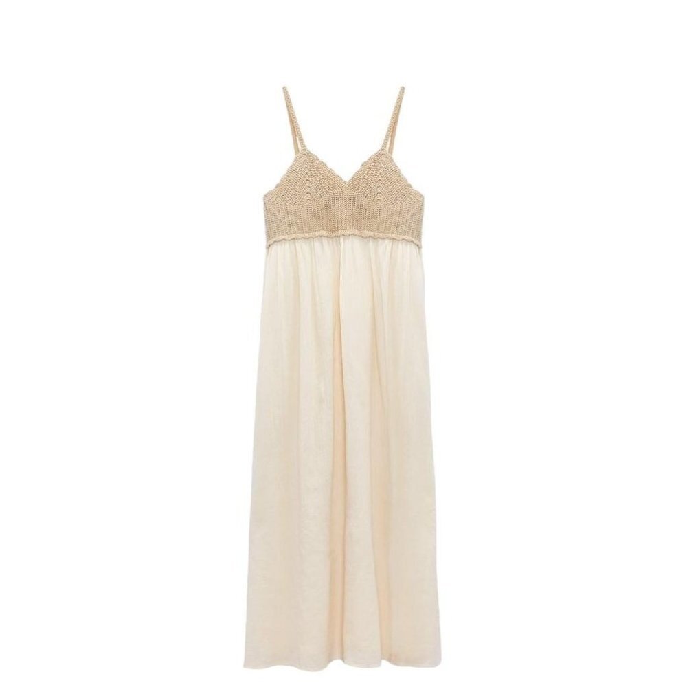 Zara Cream Maxi Dress with Beige Crochet Bodice